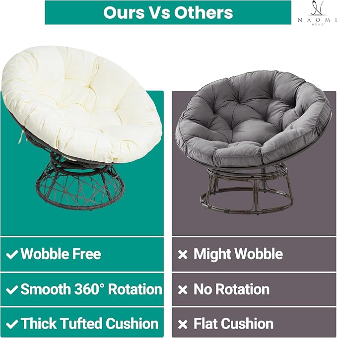 Naomi Home 40” Papasan Chair Indoor with Cushion and Frame – Round Wicker Papasan Chair with Thick Tufted Cushion Sturdy Metal Base Large Reading Chair for Bedroom &amp Living Room Cream