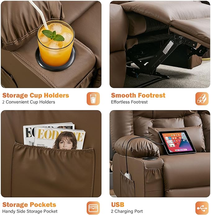 Brown Leather Reclining Loveseat with Massage/Heat/Pillow/USB/Cup Holders Oversized Loveseat Recliner for Living Room Manual Reclining Sofa for Adults 700 Lbs Capacity (Brown)