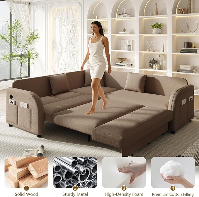 GNIXUU 85.1 L Shaped Couch with Pull Out Bed Convertible Sectional Sleeper Sofa with USB Port &amp Side Pockets 5 Seat Oversized Modular Teddy Cloud Couches for Living Room Apartment Brown