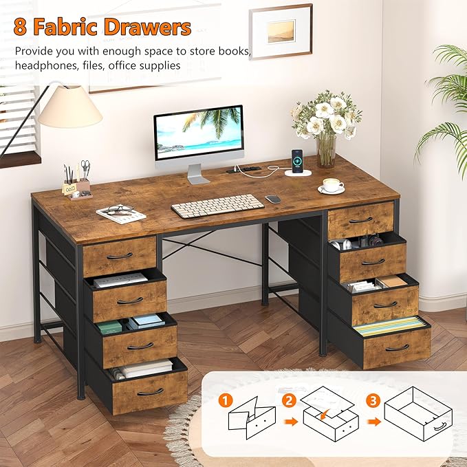 50 Inch Computer Desk with 8 Drawers Home Office Desk with Power Outlets Work Study Gaming Desk with 8 Fabric Drawers Rustic Brown
