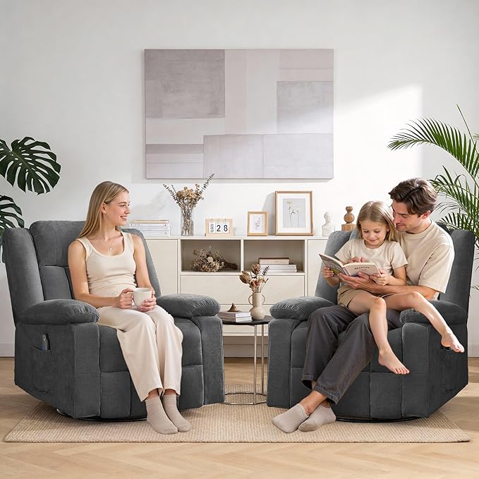 Rocker Recliner Chair for Adults 360° Swivel Rocker Recliner with Massage and Heating Nursery Rocking Chairs with Side Pockets Manual Reclining Chair for Living Room Bedroom or Nursery
