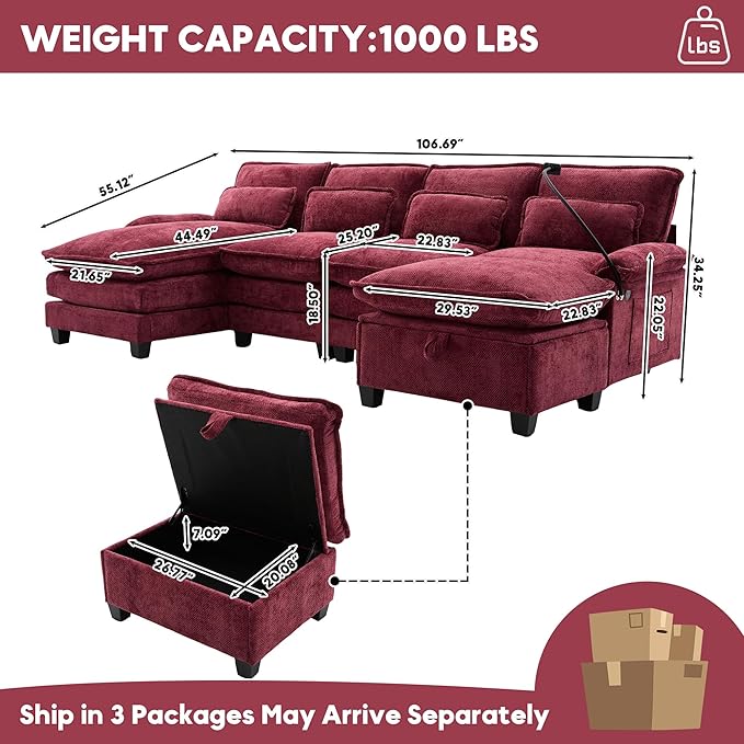 U Shaped Modern Sofa Modular Sectional Cloud Couch with Storage Ottoman Upholstery Chenille Deep Seat Sofa with Charging Port for Living Room Reversible Chaise Lounge Wine Red
