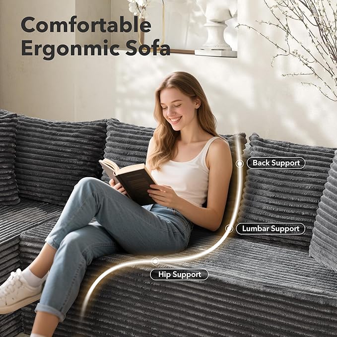 106 Modular Sectional Sofa Cloud Sectional Couch with Deep SeatSoft Corduroy FabricBoneless Couch Sectionals with Left Facing Chaise SofaGrey