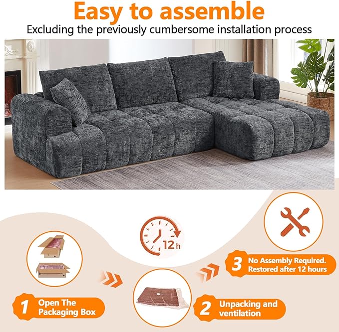 Luxury 108 L Shape Boneless Couches for Living Room Chenille Modular Sectional Cloud Sofa Couch W/Deep Seat &amp Pillows Memory Foam Couch W/Oversized Chaise (Grey Right Facing Chaise)