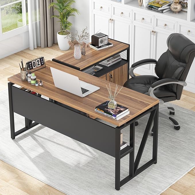 Tribesigns 55-inch L Shaped Desk with Drawer Cabinet Executive Computer Desk and lateral File Cabinet 2 Piece Home Office Furniture with Drawers for Hanging File Doors with Locks (Brown 55 inches)
