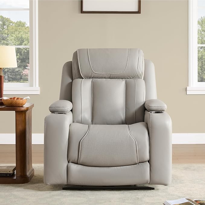 Watson &amp Whitely Super Zero Gravity Recliner Chair Oversized Genuine Leather Electric Recliner W Power Adjustable Headrest &amp Lumbar Support Hidden Storage for Living Room Light Grey