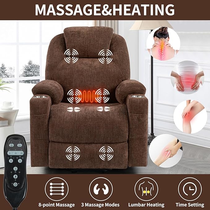 Chenille Electric Power Lift Recliner Chair Massage Single Sofa with Vibration Massage and Lumbar Heating Ergonomic Lounge Couch with Cup Holders and USB Charge Port for Living Room (Brown)