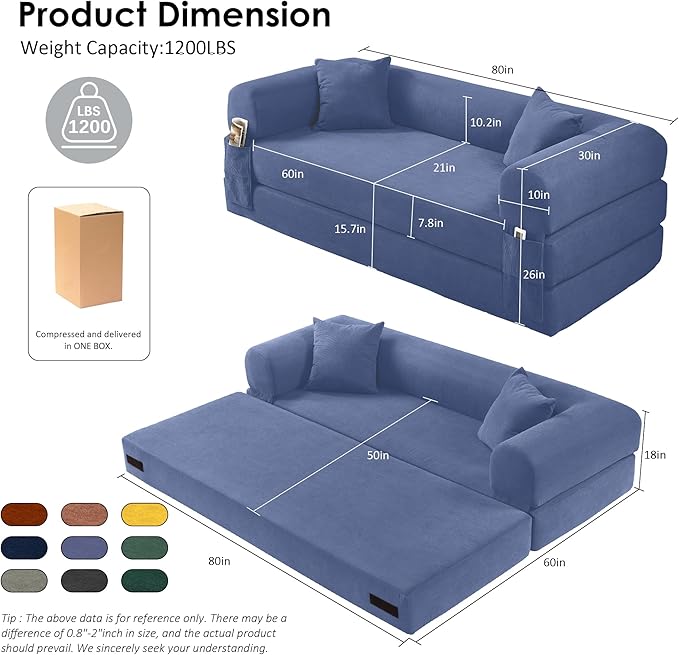 80 Convertible Sofa Bed 3-in-1 Corduroy Folding Pull Out Couch with Pillows No Assembly Modern Boneless Couch Compression Sofa in Box Floor Sofa with Side Storage for Living RoomDark Smog Blue