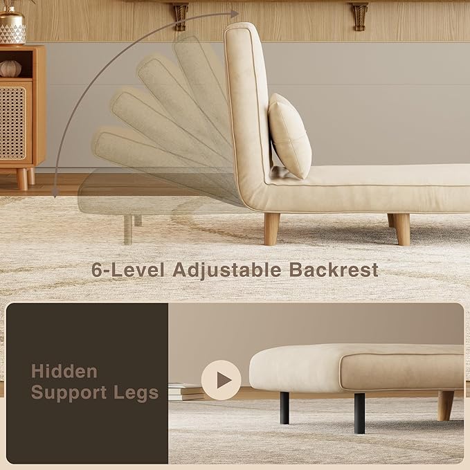Aiho Futon Sofa Bed 3-in-1 Convertible Sleeper Chair Bed Futon Chair with 6-Level Adjustable Backrest and Pillow for Guest Room Apartment Dorm Velvet Beige