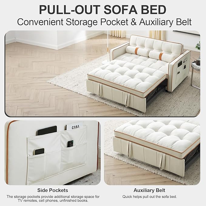 3-in-1 Convertible Sleeper Sofa Bed55.5 Modern Velvet Tufted Pull Out Couch BedFuton Small Love Seat Sofa with Adjustable Backrest&ampCylinder Pillows for Living RoomBedroomApartment(Beige)