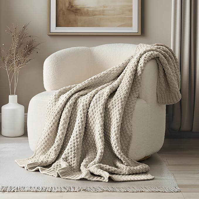 EVERGRACEHOME Chunky Chenille Knit Throw Blanket for Couch Soft Luxurious Moss Stitch Blankets for Bed Cozy Decorative Farmhouse Knitted Throws for Sofa Warm Gray 50 x 60