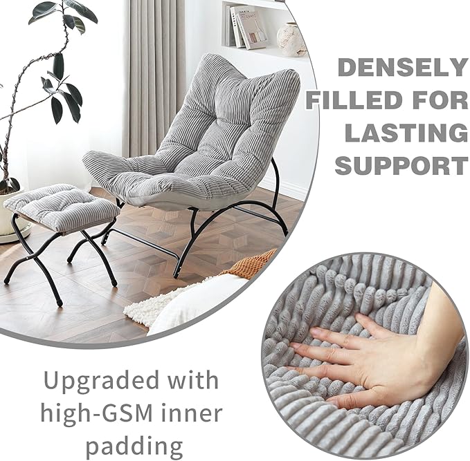 Welnow Modern Accent Chair with Ottoman Upholstered Comfy Lounge Recliner Sofa Thick Cushion Oversized Lazy Reading Chair with Footrest for Living Room Bedroom Apartment Office Dorm Light Grey