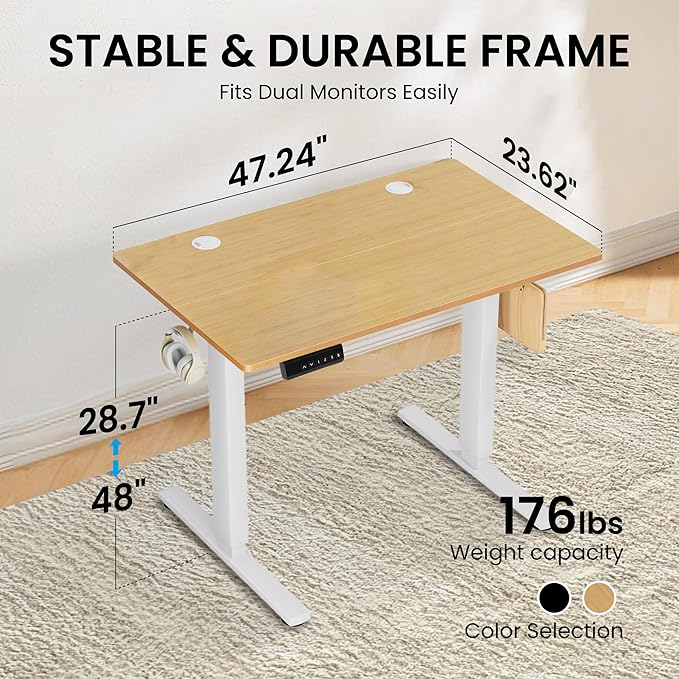 Hexago Electric Standing Desk 48 x 24 Inch Height Adjustable Sit Stand Desk with Memory Presets T-Leg Frame Dual Hooks Cable Hole Ergonomic Computer Desk for Home Office – Oak