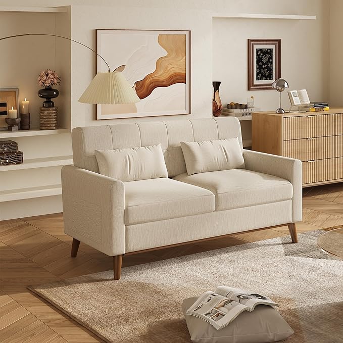 WLIVE 62 Loveseat Sofa Mid Century Modern Small Couches for Living Room Button Tufted Upholstered Couch for Bedroom Solid Wood Frame Easy to Install Furniture Beige