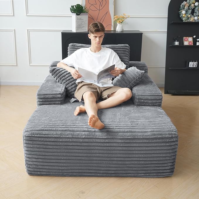 JACH 67 Oversized Boneless Sofa Bed Corduroy Sleeper Couch Lounge Chair Modern Comfy Deep Seat Lazy Sofas for Living Room Movie Room Game Room Small Space No Assembly (Light Grey)
