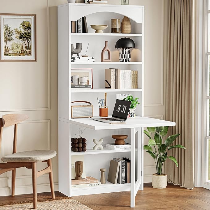 Folding Desk with Storage Space-Saving Foldable Convertible Writing Table Wall Mount Fold Out Computer Desk for Home Office Craft Room Living Room Bedroom White