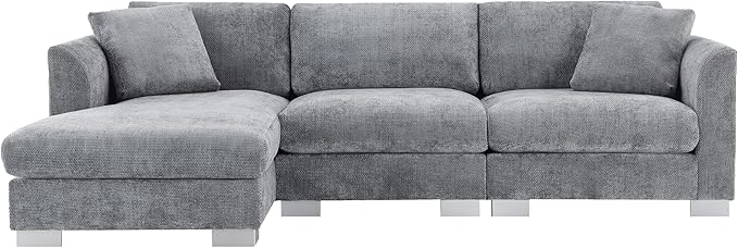 roomfitters 96 * 56 Modern Cloud Sectional Sofa L-Shaped Luxury Couch Set with 2 Pillows 4-Seat Indoor Furniture with Oversized Chaise for Living Room Gray