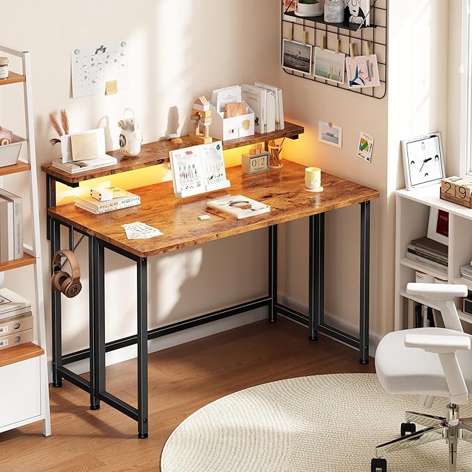 Folding Desk for Small SpaceFoldable Computer Desk with Monitor Stand31.5 Inch Small Desk with LED Lights for Bedroom Home OfficeWriting Work Office Computer Desk with HooksRustic Brown