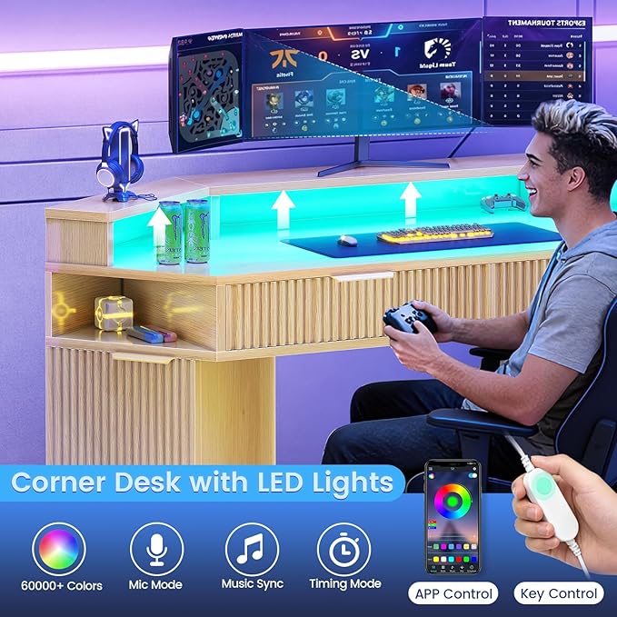 SEDETA Computer Desk with 2 Drawers Small Diamond Office Desk with Storage Cabinet for Small Space Gaming Desk with LED Lights &amp Power Strip for Home Office Oak