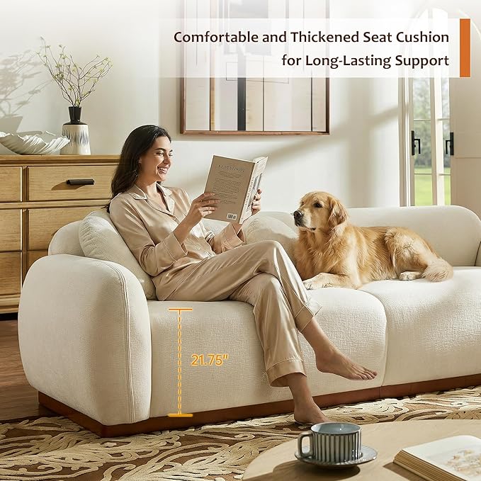 Morden Fort 91‘‘ Chenille Cloud Couch3 Seater Curved Sofa with 3 Round Pillows and Solid Wood Base Easy Assembly Modern Luxury Upholstered Plush Comfy Couch for Living Room ApartmentCream White