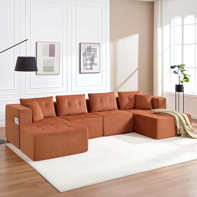128 U Shaped Modular Sectional Sofa Oversized 6-Seater Boneless Tufted Cloud Couch with Cup Holder and Movable Ottoman Corduroy Upholstery Couches for Living Room No Assembly Orange