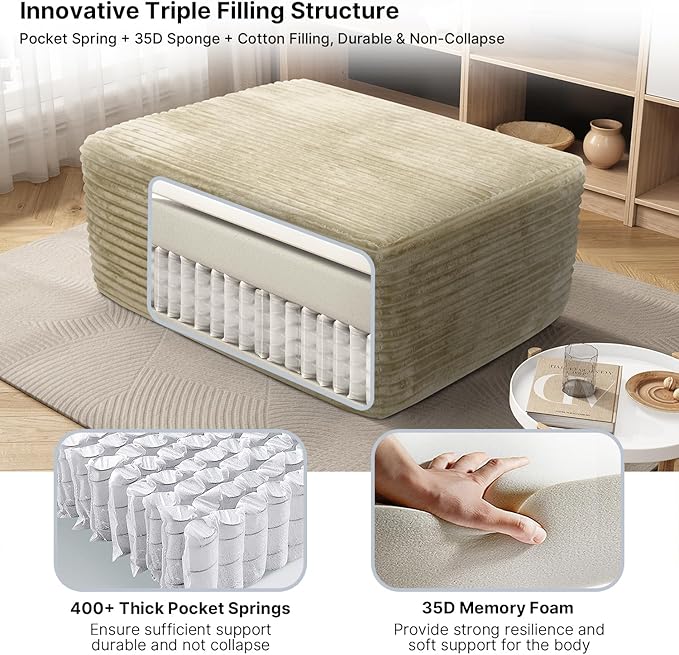 37'' Oversized Ottoman Bench Plush Corduroy Poufs Foot Tool Fluffy Boneless Couch Footrest Padded Seat Seat Cube for Living Room No Assembly (Beige)