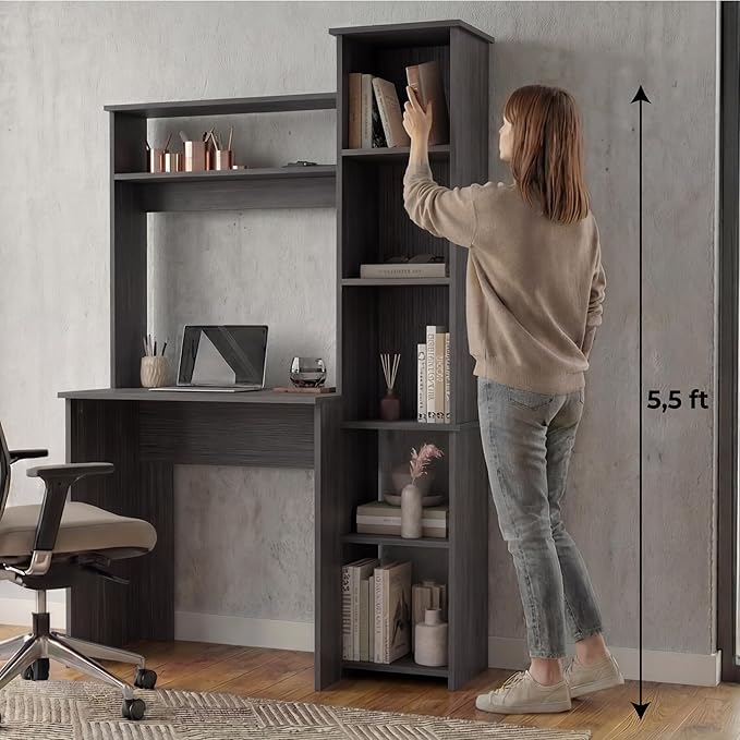 Tuhome Versalles Writing Desk with Two Superior Shelves Five Side Open Storage Compartments Space-Saving Modern Workstation Design for Studios and Offices Ideal for Organization Books