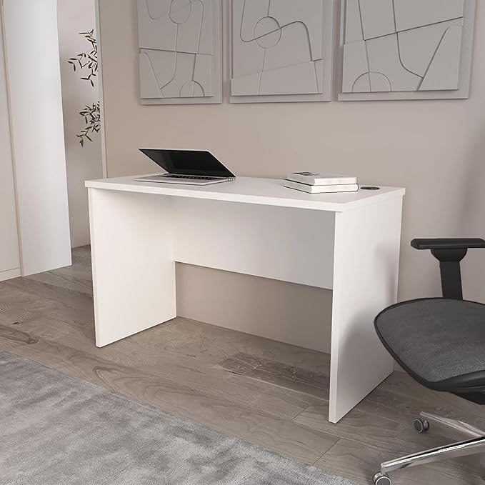 White Minimalist Home Office Work Desk with Cable Management
