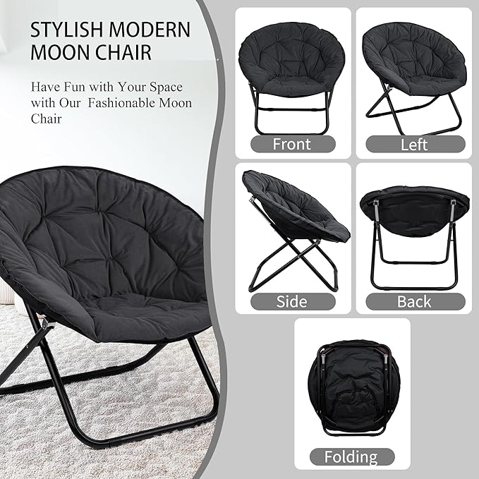 Round Foldable Moon Saucer Chair with 220lbs Weight Capacity Cozy Chair for Relaxing Gaming or as an Extra Seat for Guests Black