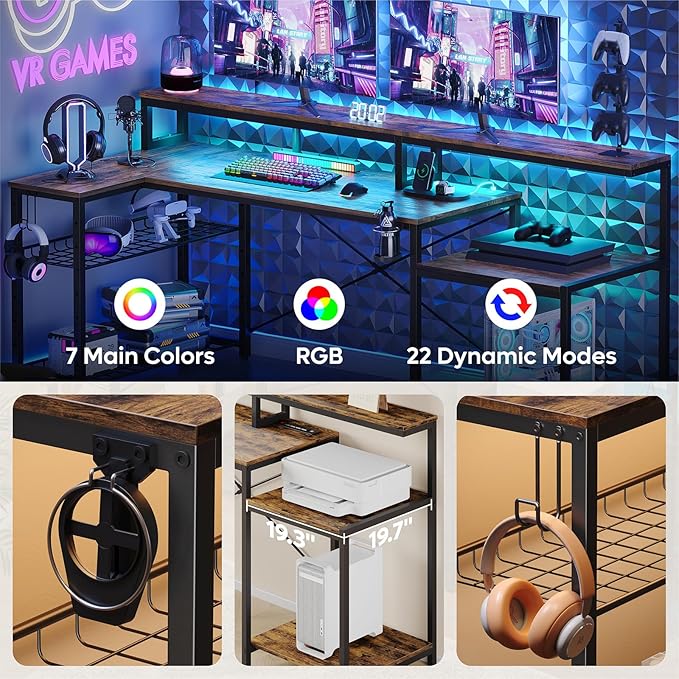 Bestier 71.5 inch Computer Desk with Power Outlets L Shaped LED Home Office Desk with Long Monitor Stand Large Corner Desk with Storage Shelf Cup Holder &amp Headset Hooks Modern Simple Table