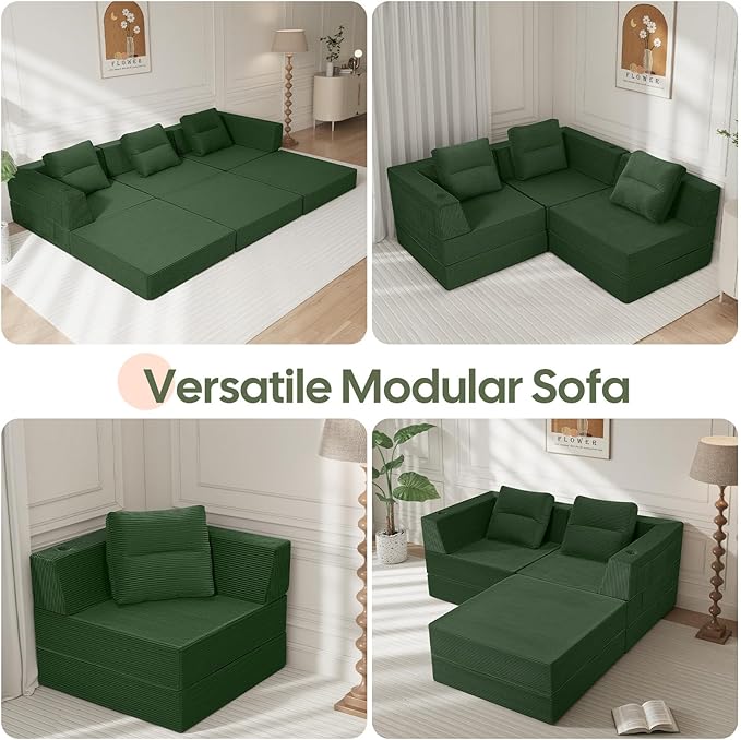 COMAX Futon Sofa Bed 3 Seater 106 Convertible Sofa Bed Couches for Living Room 4 in 1 Folding Boneless Sleeper Corduroy Couch Foam in a Box Comfy Foldable Lounge Fold Out Floor Mattress Green