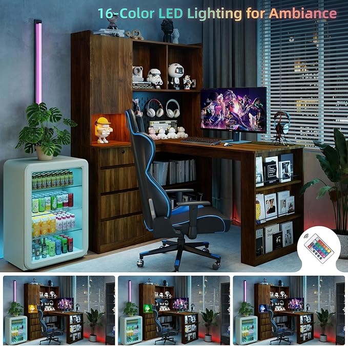 L Shaped Desk with Hutch and 4 Drawers Computer Desk with USB Ports Power Outlets &amp LED Light Wood Corner Computer Desks with Storage Shelves for Home Office Brown Right Long