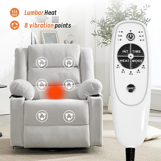 360°Swivel Rocker Recliner Chair for AdultsManual Glider Recliner Sofa with Massage and Heating Nursery Rocking Chairs with Cup Holds for Living Room Bedroom (Beige)