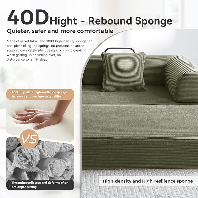 Sleeper Sofa Comfy Convertible Folding Couch-Futon-Corduroy Fabric Sleeper Sofa Bed with 2 Pillow Removable Soft Cushion for Small Living Room Dorm/Bedroom/College/Office (Light Green)