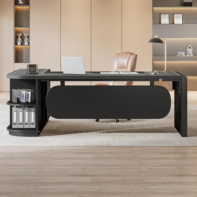 Tribesigns 81-Inch L-Shaped Executive Desk Large Modern Office Desk with Drawers and File Cabinet for Home or Business Workspace Grey &amp Black Computer Desk with Storage Shelves