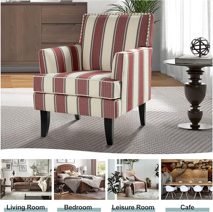 HULALA HOME Modern Accent Chairs Set of 2 Farmhouse High Back Striped Chairs with Wooden Legs &amp Nail Head Trim Comfy Upholstered Armchairs for Living Room/Bedroom (Stripe Red)