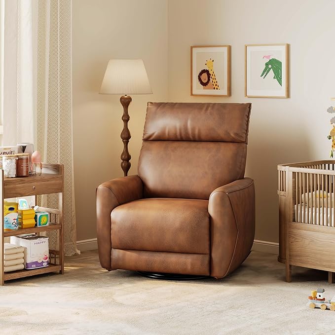 GAOMON Power Recliner Chair Swivel Glider Faux Leather Upholstered Nursery Rocker Reclining Sofa Chair with Charging Port Curved Armrests &amp Padded Backrest for Living Room and Bedroom (Light Brow