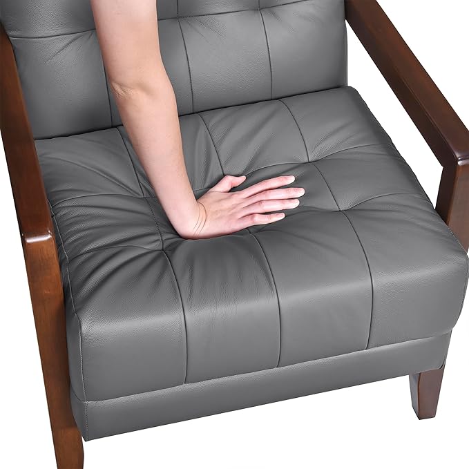 Lexicon Modern Accent Chair Luxury Genuine Leather Match Living Room Chair with Tufted Cushions Solid Wood Frame and Arm Rest Comfy Upholstered Single Seat for Bedroom/Reading/Office Dark Gray
