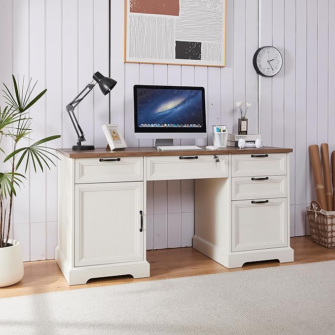 60 Farmhouse Executive Desk with LockHome Office Desk with Charging StationExecutive Desk with 4 Drawers &amp 1 Cabinet&amp1 File Cabinet for Office and Home