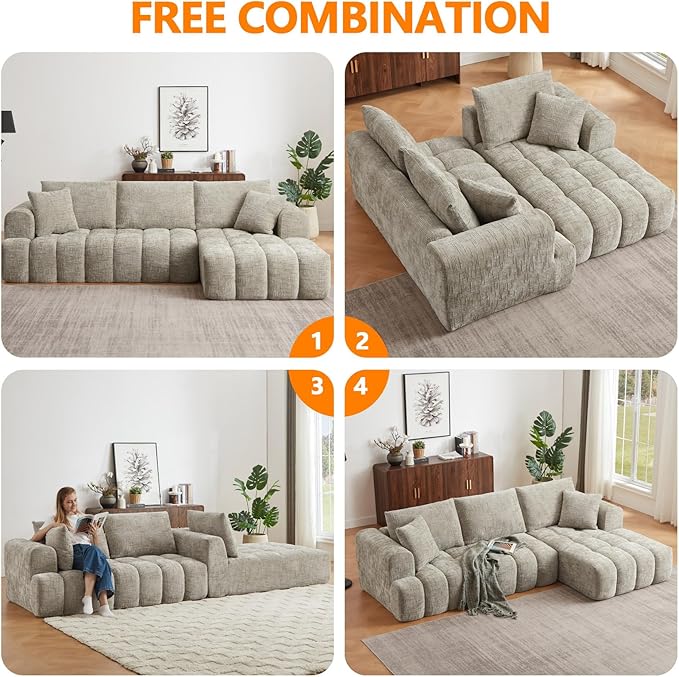 Luxury 108 Sofa with Oversized Chaise L-Shaped Chenille Modular Cloud Couch with Deep Seat &amp 2 Pillows Orange Boneless Couches for Living Room Apartments Homes (Khaki Left Facing Chaise)