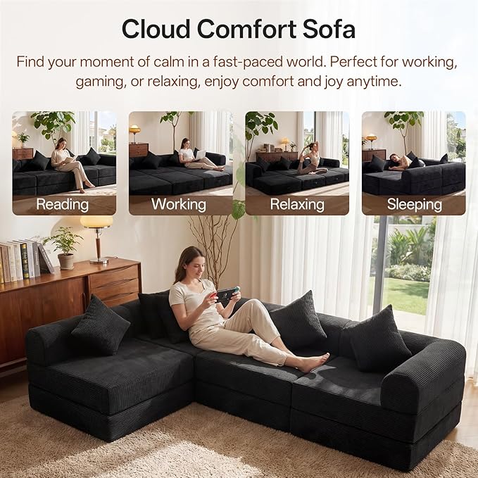 112.2 Modular Sectional Sofa 4-Seater All-Foam Boneless Cloud Couch Corduroy Foldable Convertible Sofa Bed Futon Sleeper Floor Sofa for Living Room No Assembly Required Black