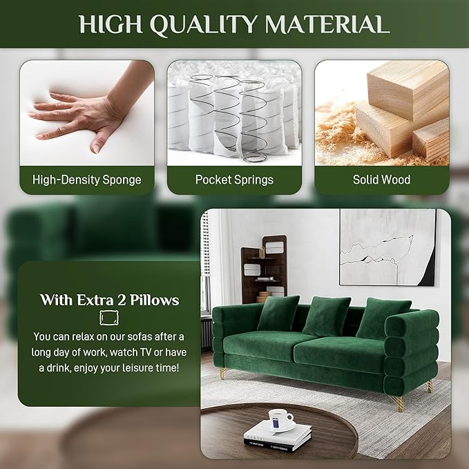 OUYESSIR Cloud Sofa Couch for Living Room 79 Comfy Deep Seat Velvet Sofa with 3 Pillows and Gold Legs Modern Upholstered 3 Seater Large Loveseat for Bedroom Office Emerald Green Velvet