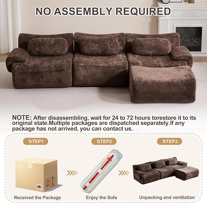 Multiple Modular Boneless Couches for Living Room Cloud Sectional Sofa with Comfy Deep Seat Oversized L-Shaped Convertible Couch with Ottoman for Bedroom Apartment 4 Modules Combined Chocolate