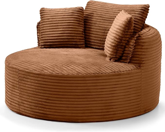 Oversized Round Chair Lounge Chaise Indoor 53.5 Corduroy Boneless Round Chair Fluffy Single Deep Seat Cloud Sofa Chairs Modern Circle Chaise Lounge for Bedroom Living Room Orange