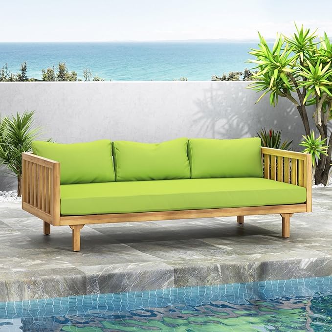 Merax Solid Acacia Wood Couch Chaise Lounge Chair Indoor 3 Seater Daybed Sofa Couches with Cushions &amp Pillow Heavy Frame Day Bed for Living Room Office Outdoor Balcony Patio Water Resistant