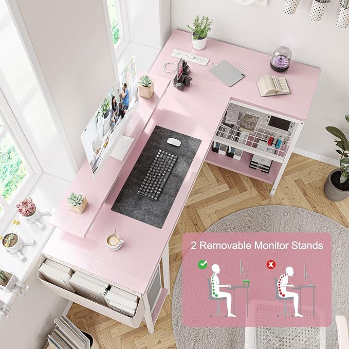 Jojoka L Shaped Computer Desk with Power Outlets &amp LED Light 49.6 Reversible Corner Computer Desk with Storage Shelves &amp Monitor Stand Home Office Desk Gaming Desk Writing Desk (Pink)