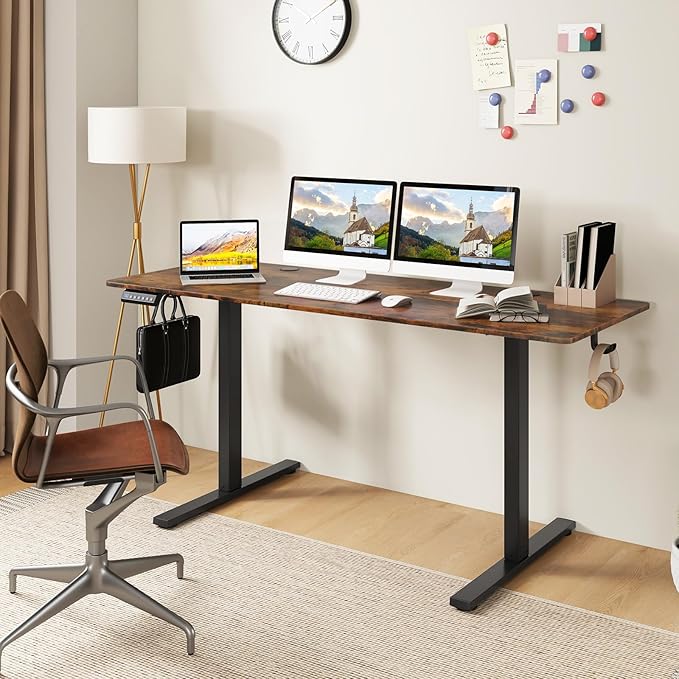 Giantex 63 x 24 Electric Standing Desk with Adjustable Height Stand up Computer Workstation with Cable Hole Hook Modern Gaming Table Ergonomic Sit Stand Desks for Home Office (Rustic Brown)