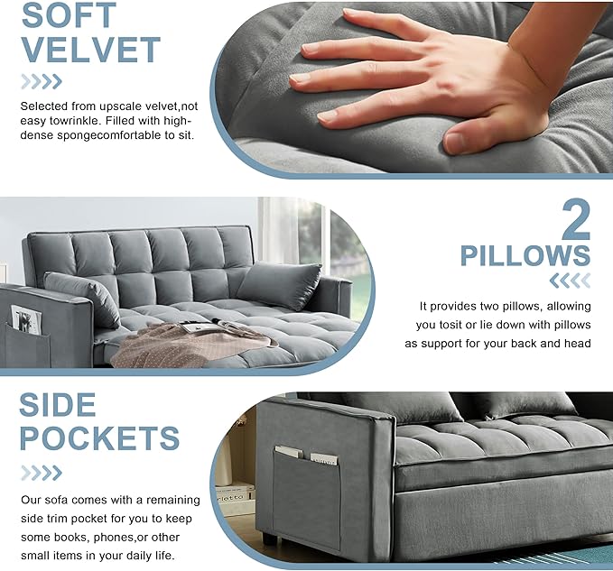 Sleeper Sofa Couch Bed 55.9'' Convertible Velvet Loveseat 3 in 1 Pull Out Sofa Bed with Toss Pillows Pockets Furniture for Living Room Gray
