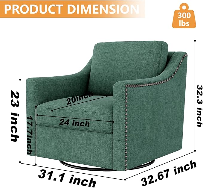 Mid-Century Modern Swivel Accent Chair with 360 Degree Rotation Skin-friendly Cotton Linen Fabric Upholstered Armchair with Brass Nailhead Trim Soft Padded Single Sofa Chair for Living Room Green