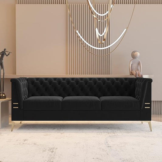 Black Chesterfield Velvet Couch for Living Room3 Seater Tufted Sofa with Gold Metal Legs Large Upholstered Comfy Couch (Black 82)